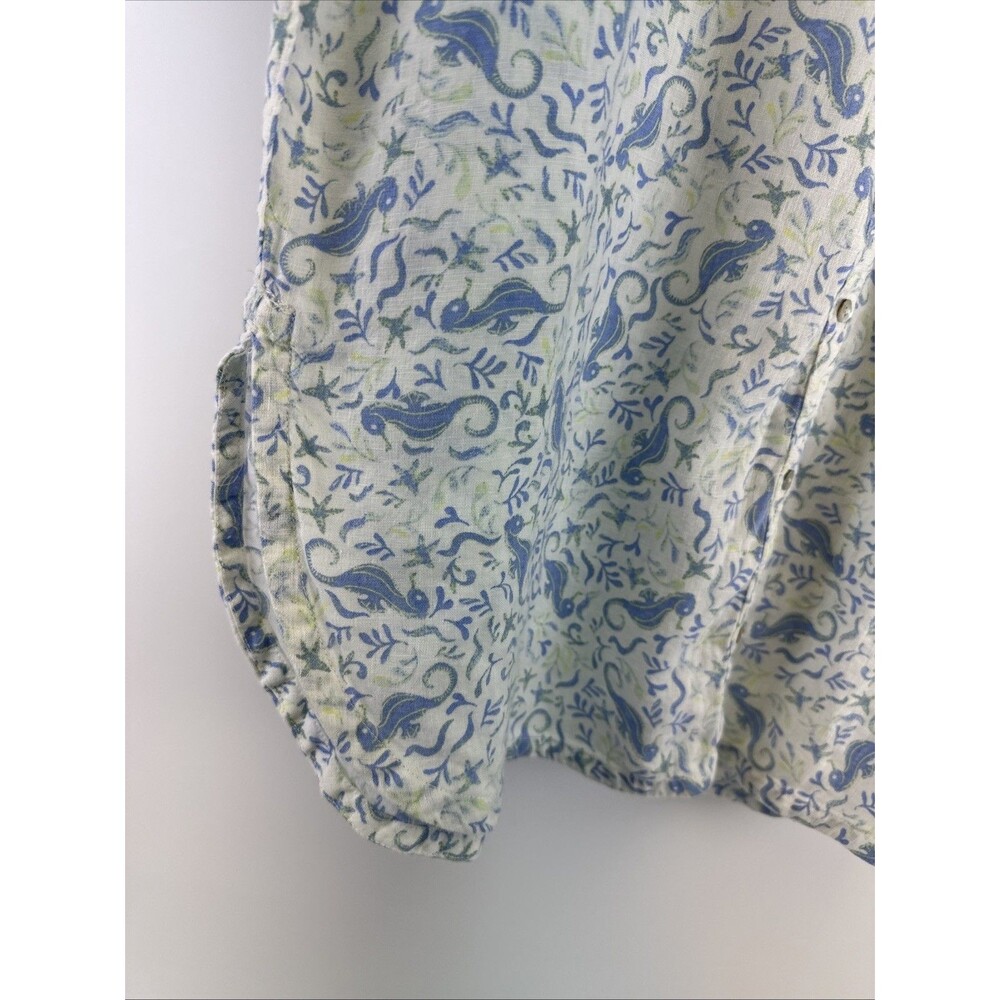 Sigrid Olsen Linen Tunic Shirt Button Down White Blue Seahorse Roll Tab Sleeves - Picture 4 of 11